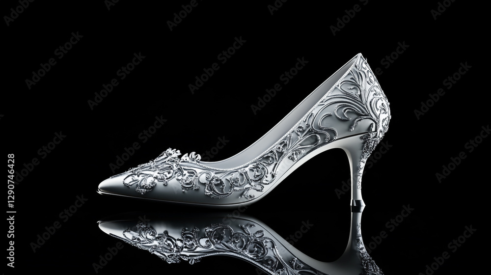 White women's high heels with beautiful patterns and silver decorations on a black background, side view, reflection, high-resolution photography, high detail, hyper-realistic. White women's high heels with beautiful patterns and silver decorations on a black background, side view, reflection, high-resolution photography, high detail, hyper-realistic.
