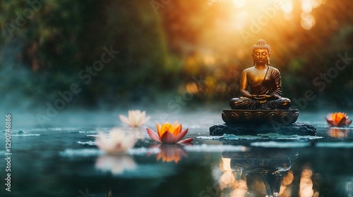 A golden Buddha statue bathed in soft morning light, surrounded by lotus flowers floating on a still pond, mist gently rising in the background.