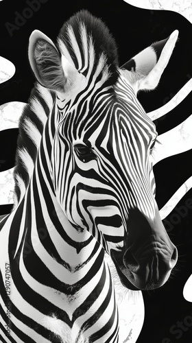 Zebra Standing in Front of a Black and White Striped Background Showcasing Un...