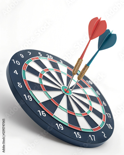 A dartboard with two darts, one red and one blue, is shown near the bullseye