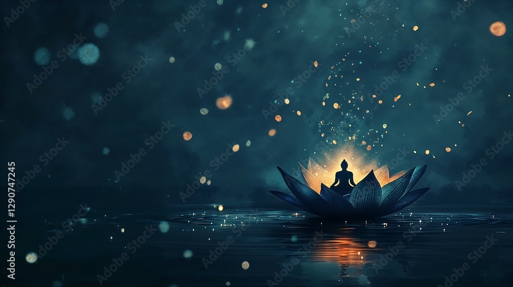 Naklejka premium A surreal scene of a giant floating lotus flower with a glowing Buddha silhouette inside, symbolizing inner peace and wisdom.