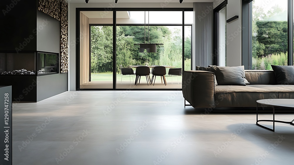 Fototapeta premium Modern Living Room Interior Design with Fireplace and Garden View