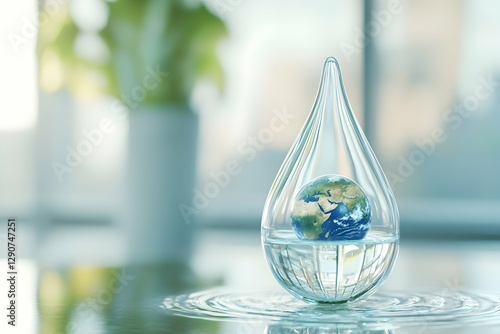 A meaningful image of Earth inside a water droplet, representing the importance of water conservation.