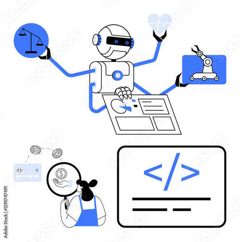 Robotic AI balancing scales, computing data, holding heart, pointing at coding screen, financial analysis by person. Ideal for technology advancements, AI, multitasking, robotics balance coding