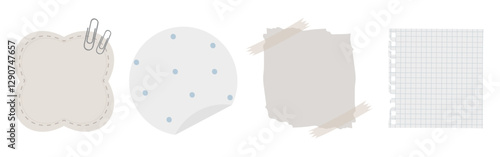 Set of four paper note designs: stitched paper, polka dot circle, taped square, and grid paper. Paper, notes, and designs for creative projects. Cute memo element set. Vectors.