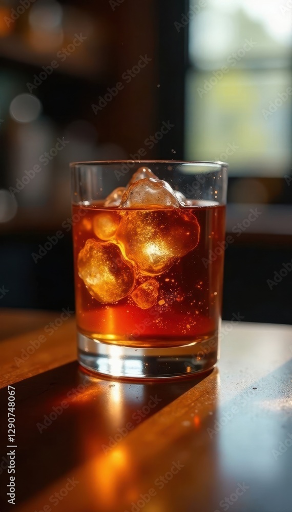 Amber liquid filling a glass on a polished bartop, full, shadow, refreshment Amber liquid filling a glass on a polished bartop, full, shadow, refreshment