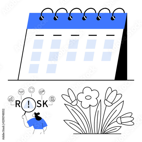 Calendar for scheduling, magnifying glass inspecting risk, flowerbed signifying growth. Ideal for planning, risk management, strategy, productivity, time management, sustainability and creative