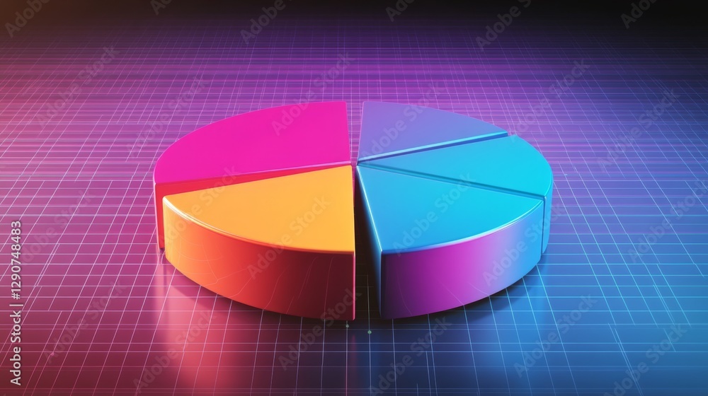 Obraz premium Circular D pie chart with transparent, gradient-filled sections, gently floating above a reflective grid plane for a futuristic touch