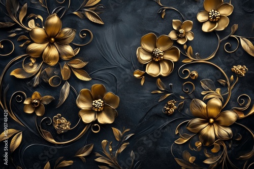 Golden Floral Patterns on Dark Background Create Elegant and Intricate Decora...