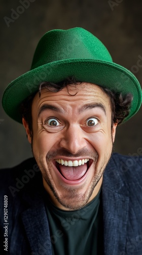 Joyful Young Man With Curly Hair and Green Hat Expressing Playfulness in Fron...