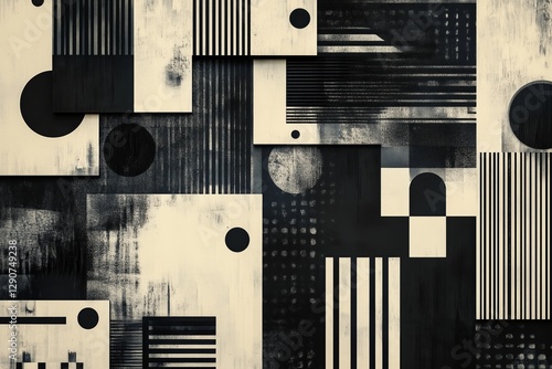 Abstract Black and White Pattern With Geometric Shapes and Textures on a Wall...