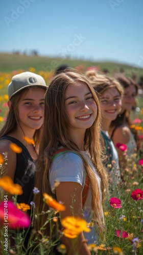 Friends Walking Through a Colorful Flower Field During Golden Hour in a Seren...