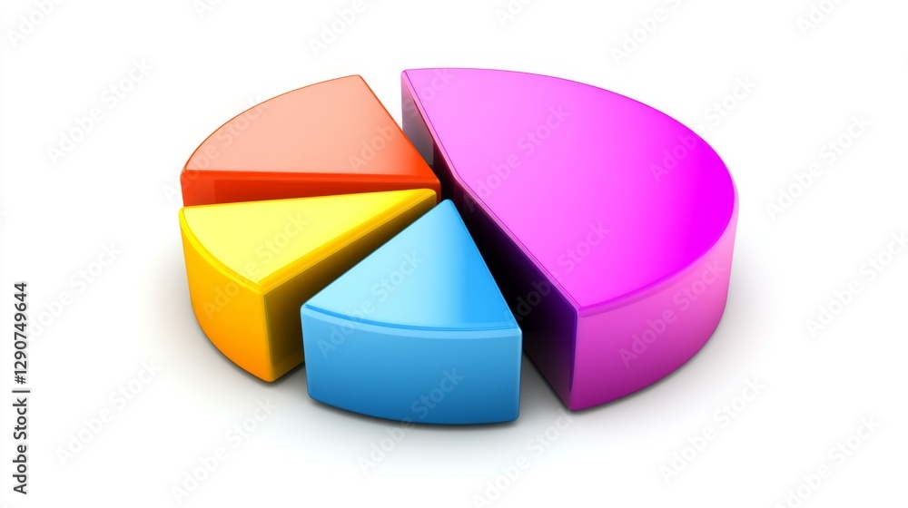Obraz premium Colorful pie chart on a plain white background, segmented in bold colors with a shadow effect for a clean and visually appealing presentation