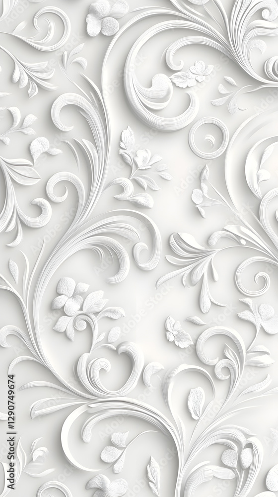 Light gray background with white swirls and floral patterns
