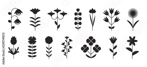 Flower Abstract black silhouette. Floral plant, nature graphic leaf, simple spring elements. Minimalist icons for poster banner card.