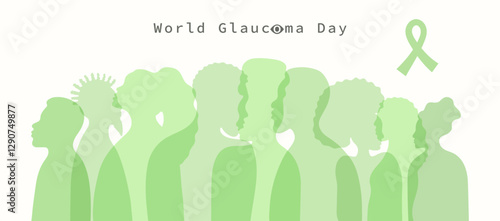 World Glaucoma Day banner template. Green silhouette of diversity people and ribbon. Different nationalities, genders and ages human profile. Poster cover card info web greeting card.