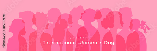 International Women's day banner template with typography. Pink colors silhouette of diversity girl. Different nationalities, genders and ages lady profiles. Poster cover card info web 8 march.