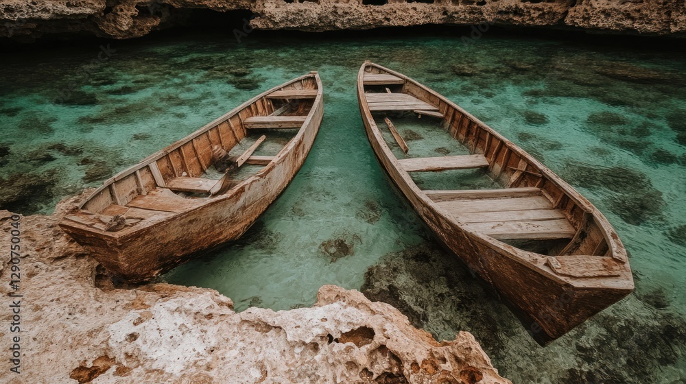Obraz premium Two wooden boats in a tranquil turquoise cove, calm water, limestone cliffs background; ideal for travel brochures