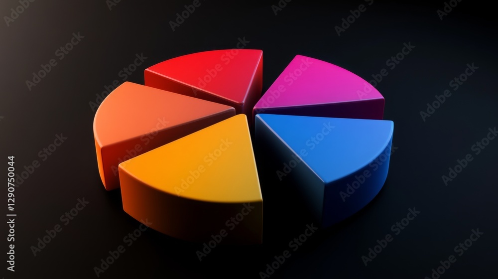 Obraz premium Dynamic D pie chart with bright, colorful slices, each part raised slightly, with soft lighting to highlight its shape on a dark background