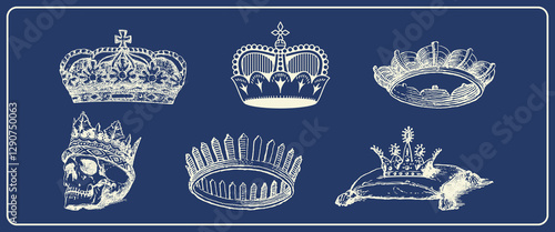 Vintage crown illustrations on a blue background. Includes various crown designs, a skull with a crown, and a crown on a pillow. Detailed crown sketches. Vintage elements vector set.