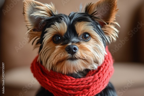 Cute Small Dog Wearing a Red Scarf Sitting Outside During Autumn