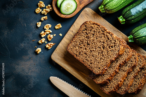 Sliced brown bread on a wooden cutting board, surrounded by walnuts, sliced cucumbers, and fresh zucchinis. National Zucchini Bread Day photo