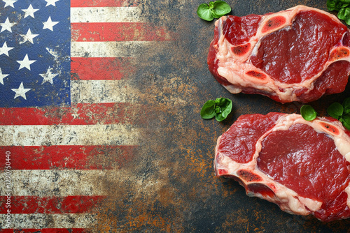 Two raw beef steaks on a rustic surface next to a faded American flag design, with fresh herbs scattered around. Great American Meatout day banner photo