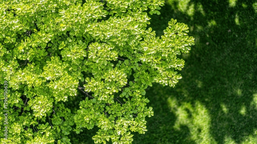 Lush green tree canopy overhead, sunlit grass below. Nature background for design Lush green tree canopy overhead, sunlit grass below. Nature background for design