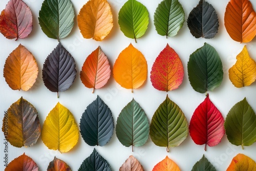 Colorful Arrangement of Autumn Leaves on a White Background Showcasing Variou...