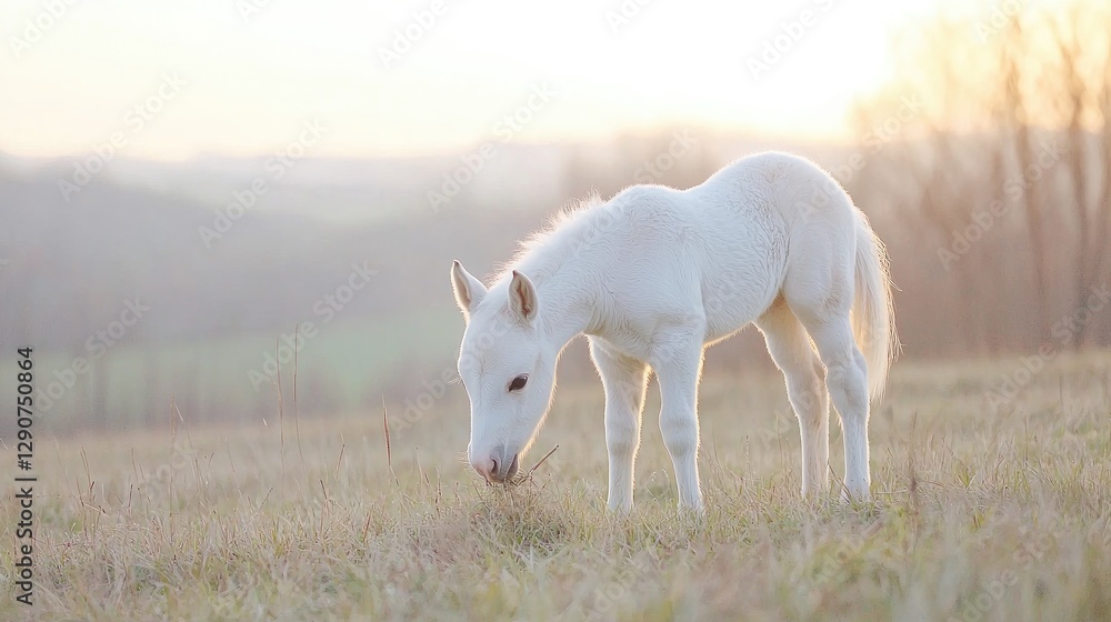 Obraz premium White foal grazing in a golden sunset field. Possible use Nature photography