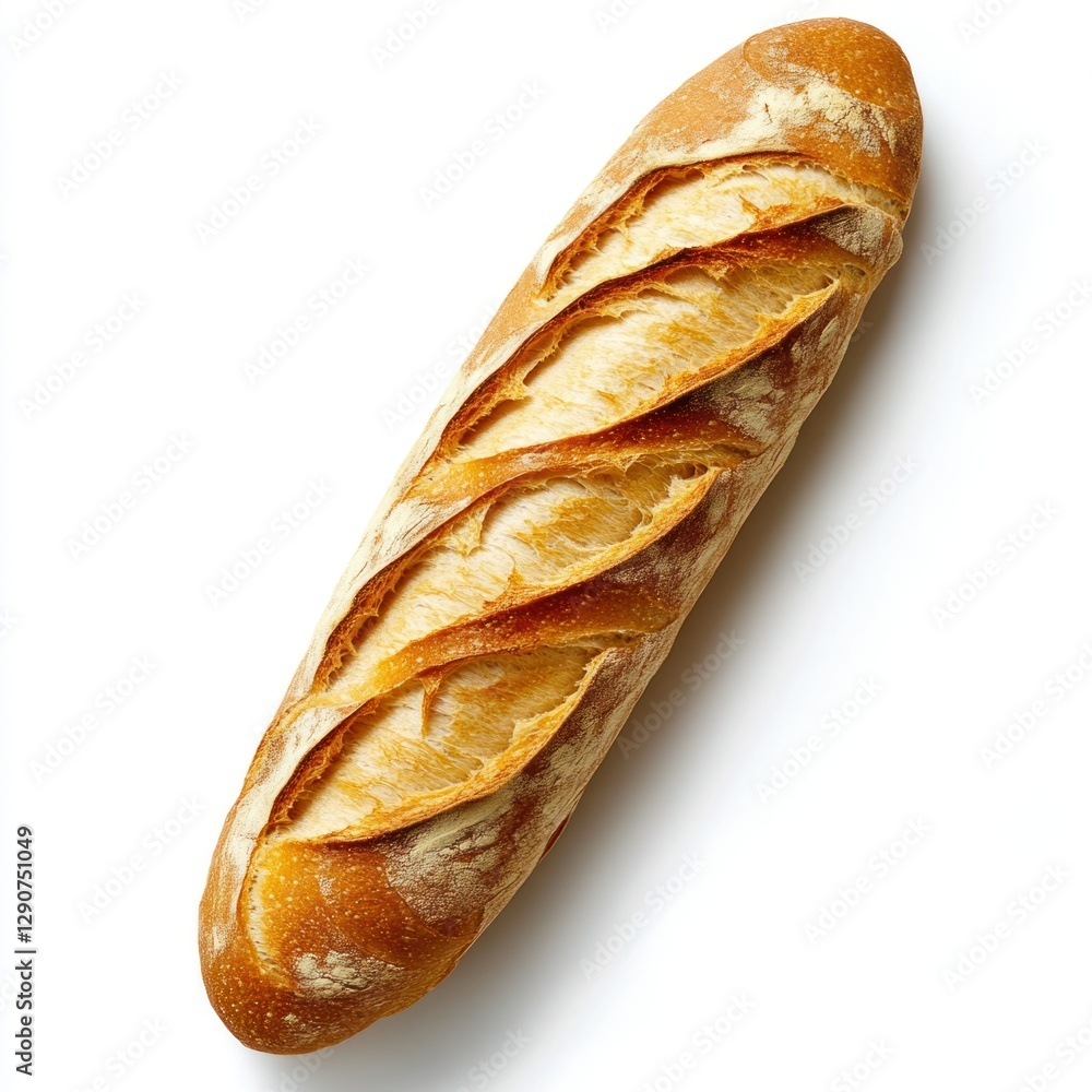 Detailed and sharp image of a French baguette on a white background, ready for use in presentations, websites, and print materials, displaying its crisp crust and airy interior. Detailed and sharp image of a French baguette on a white background, ready for use in presentations, websites, and print materials, displaying its crisp crust and airy interior.