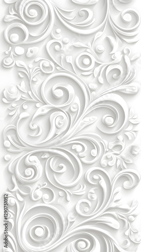 Light gray background with white swirls and floral patterns

