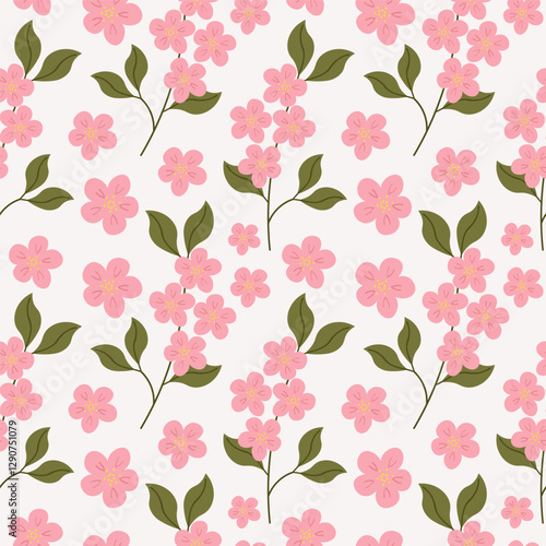 Vector seamless pattern with blossoming pink cherry flowers. Repeating background with floral texture. Spring motif for banner, wrapping, card, print, paper, poster, template. Botanical rapport