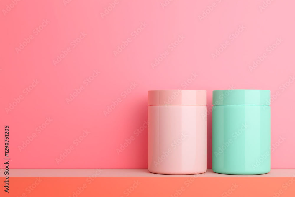 Stylish pastel containers against a pink background for modern home decor. Stylish pastel containers against a pink background for modern home decor.