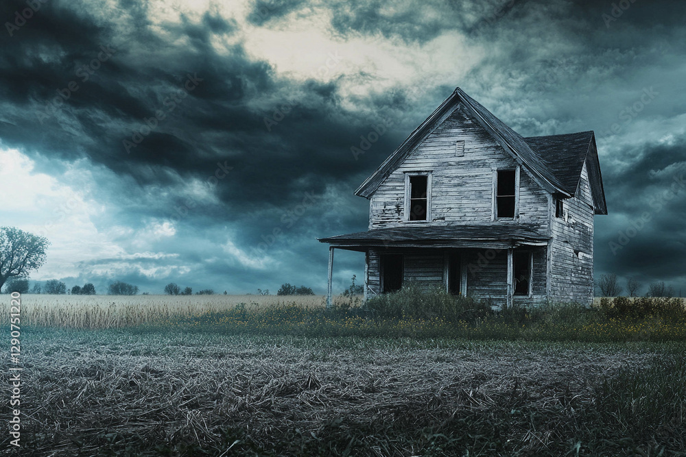 An eerie, abandoned wooden house stands in a desolate landscape under a dramatic, cloudy sky. The house has a weathered appearance, surrounded by a field of dry grass. An eerie, abandoned wooden house stands in a desolate landscape under a dramatic, cloudy sky. The house has a weathered appearance, surrounded by a field of dry grass.