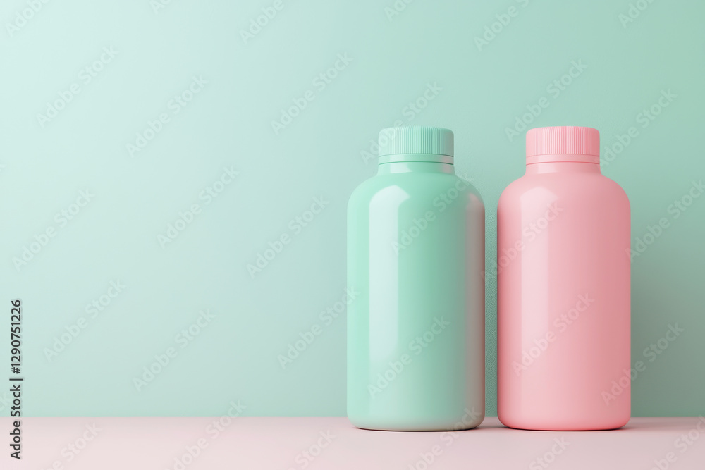 Stylish pastel-colored bottles against a soft, modern background. Stylish pastel-colored bottles against a soft, modern background.