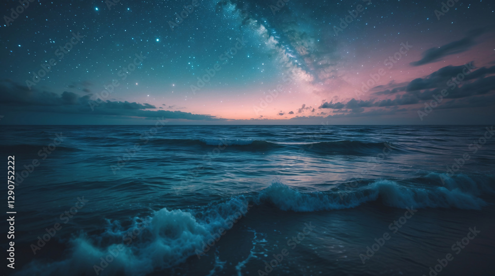 Fototapeta premium Peaceful nighttime photo of the beach with waves on the shore stars and a glowing nebula in the sky ocean wallpaper inspiration