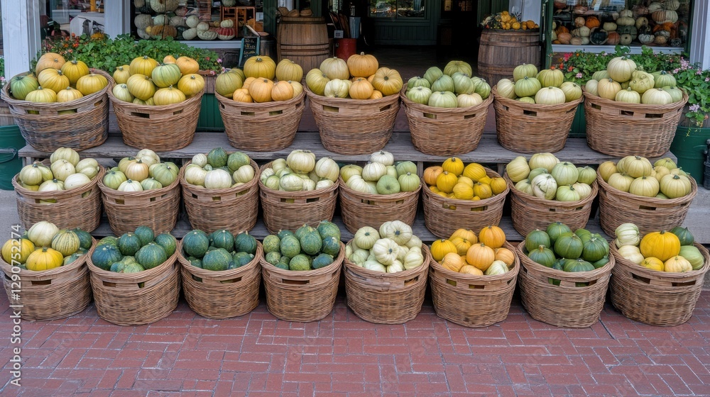 Fototapeta premium Colorful gourds in baskets outside farm shop. Autumn harvest display. Fall market