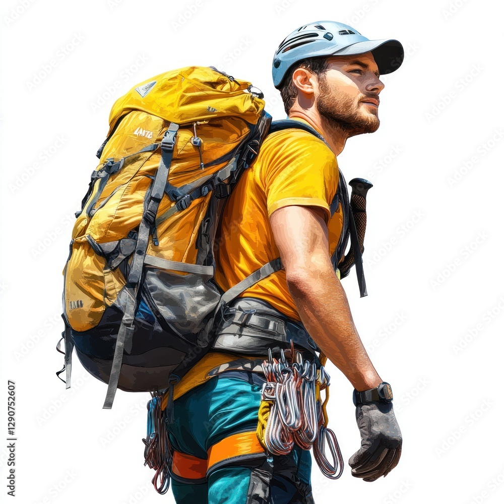 Detailed and sharp image of a mountain climber with a backpack on a white background, ready for use in presentations, websites, and print materials Detailed and sharp image of a mountain climber with a backpack on a white background, ready for use in presentations, websites, and print materials