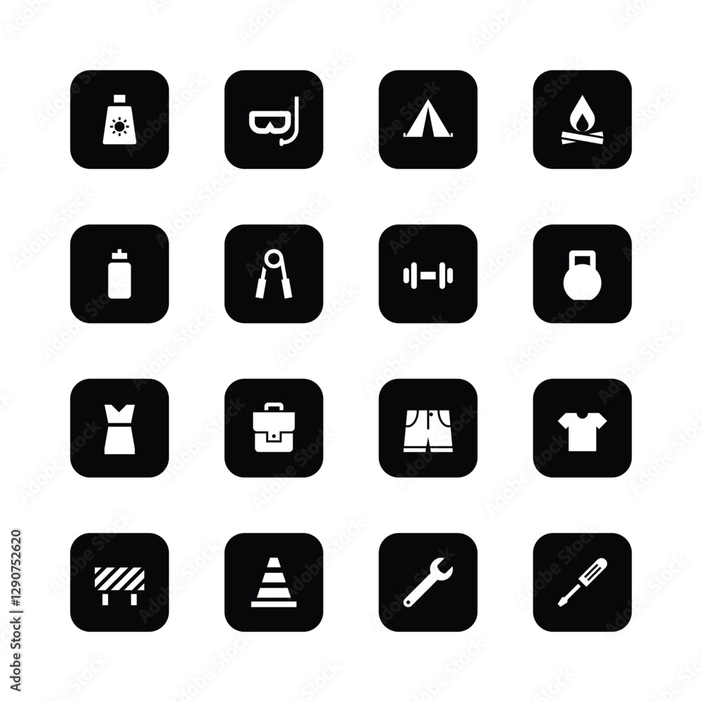 Icon set, simple black and white design,
camping gear, fitness equipment, clothing
items, tools, travel essentials, minimalist style,
square format, monochrome, app icons, user
interface elements, Icon set, simple black and white design,
camping gear, fitness equipment, clothing
items, tools, travel essentials, minimalist style,
square format, monochrome, app icons, user
interface elements,
