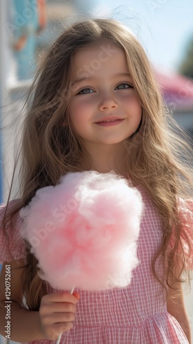 Young Girl Enjoying Cotton Candy While Smiling in a Bright, Natural Light Set...