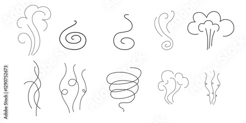 Steam and smoke lines icons set. Air wind and scent linear collection, heat waves or aroma from cooking food and hot coffee, gas and fumes. Steam swirls icons of doodle style vector illustration