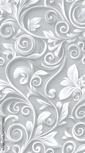 Light gray background with white swirls and floral patterns
