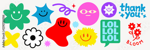 Colorful abstract shapes with smiling faces, stars, and flowers Playful designs include 'thank you' and 'LOL' text Bright, cheerful, and fun elements Funky stickers, vector set