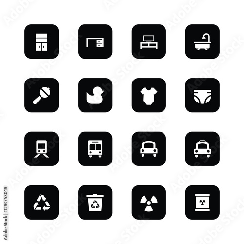 Free Download Black and white icons, minimalist design,
household items, furniture, transportation, baby
items, recycling symbols, hazard signs, square
icons with rounded comers, simple pictograms,
clean graphic. - GFXLoad