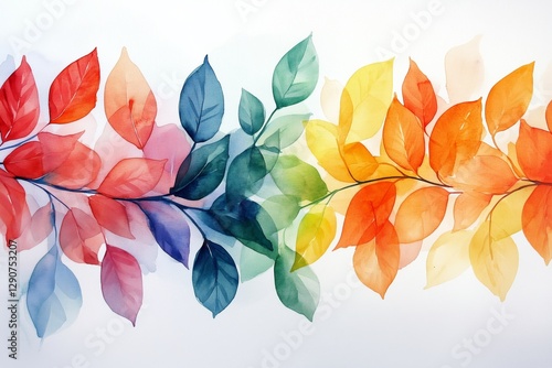 Vibrant Watercolor Leaves in Autumn Colors Against a Light Background