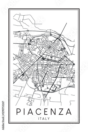 Printable downtown road map poster of the Italian city of PIACENZA on solid white background with city name