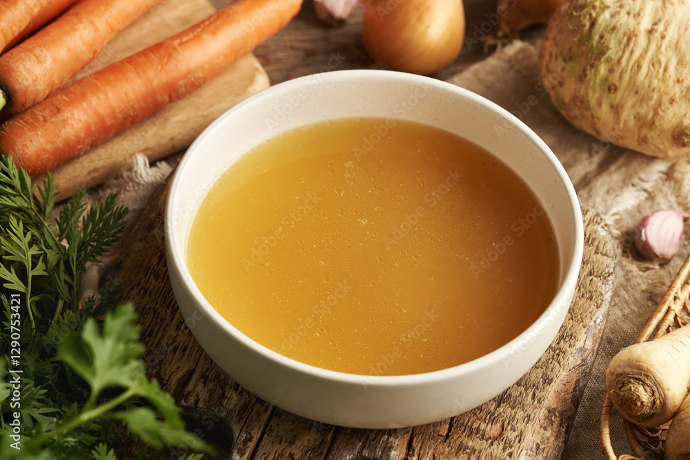 Bone broth or chicken soup in a white bowl Bone broth or chicken soup in a white bowl