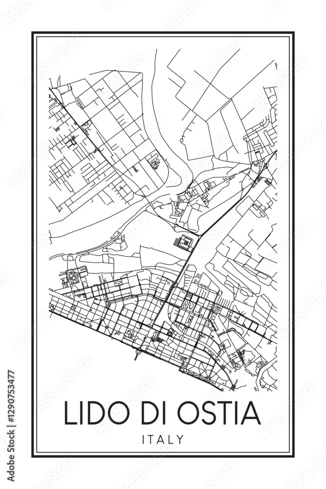 Obraz premium Printable downtown road map poster of the Italian city of LIDO DI OSTIA on solid white background with city name