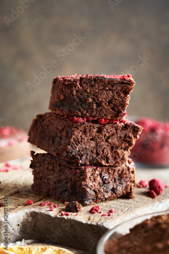 Homemade gluten-free brownies made with red kidney beans, oat flakes, chocolate and freeze-dried raspberries